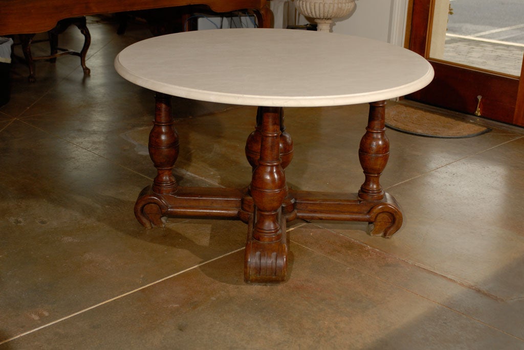 17th Century Louis XIII Walnut Center Table with Crema Marfil Beige Marble Top In Good Condition In Atlanta, GA