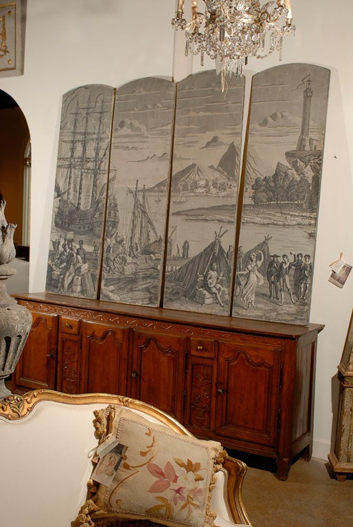 Set of four Early 19th Century Louis XV Style Panels made from Dufour Scenic Wallpaper representing a French Port.  One of a kind items priced as a set.  www.jadamsantiques.com