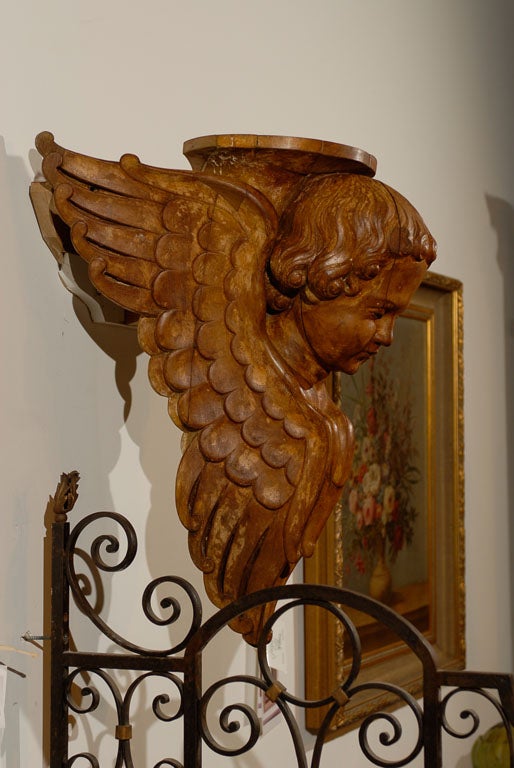 Pair of French 19th Century Wooden Wall Brackets with Carved Cherubs In Good Condition For Sale In Atlanta, GA