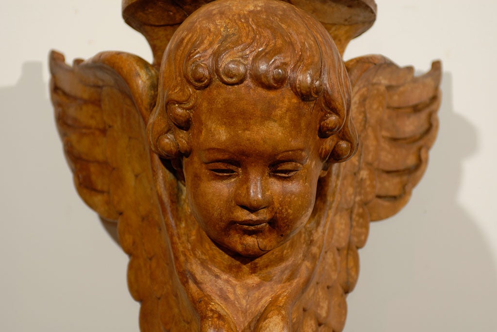 Pair of French 19th Century Wooden Wall Brackets with Carved Cherubs For Sale 3