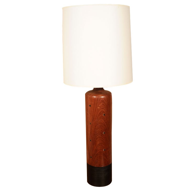 Danish Cylindrical Teak & Leather Table Lamp by ESA