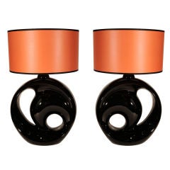 Pair of Modernist Black Ceramic Lamps