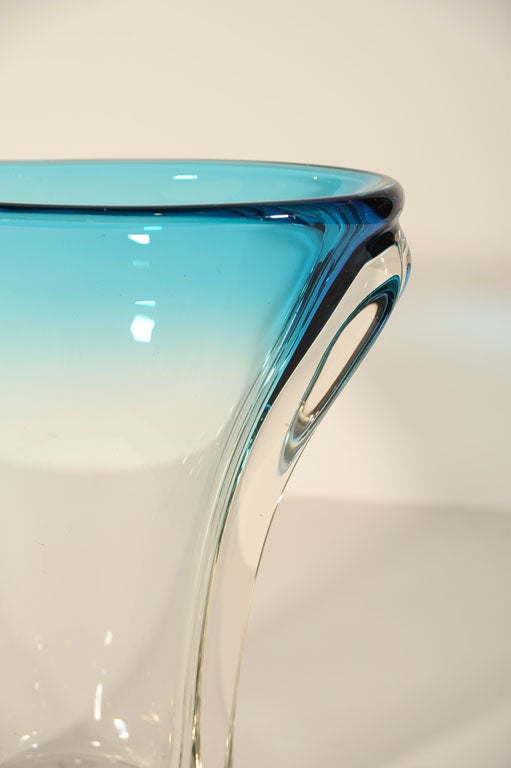 Large Flared Blue into Clear Murano Glass Vase attr to Seguso