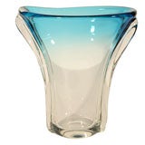 Large Flared Blue into Clear Murano Glass Vase attr to Seguso