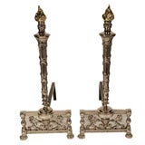 Pair of Polished Nickel Empire Style Andirons With Brass Flame