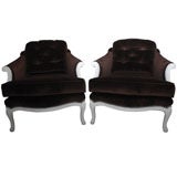 Vintage Chairs with Brown Velvet and White Frame Pair