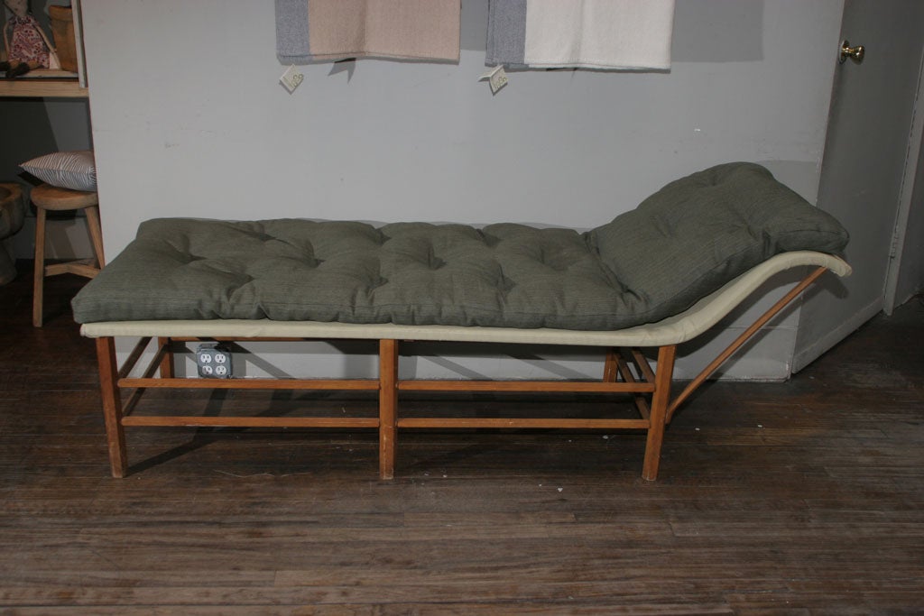 Wonderful c1910 Campaign Style Chaise Lounge with a newly recovered tufted cushion is Canvas's own Moss linen.  This stylish chaise would work well in a casual living room, sun room, or just about anywhere.