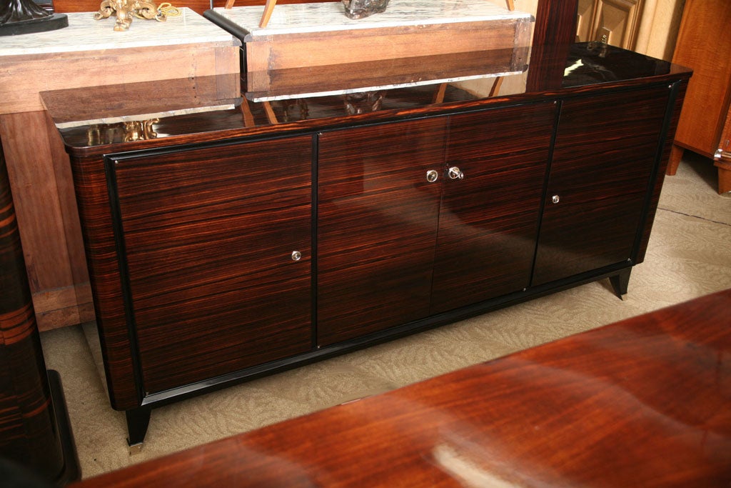 Stunning Designer French Art Deco Exotic Macassar Ebony Buffet, Sleek, Classic Design, Top Quality, High Polish Nickel Plate Hardware, Black Lacquer Accents.<br />
FREE SHIPPING CONTINENTAL U.S.