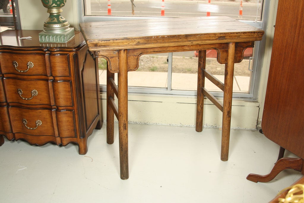 BLEACHED  OUT COLOR OF EARLY ELM WOOD ALTER TABLE...SOLID PLANKS OF WOOD- SOME WONDERFUL STAINING- TONGUE AND GROVE STREACHERS-