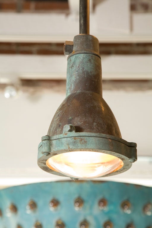 Found in a factory in the Midwestern United States. Copper Industrial light fixture with great patina. 