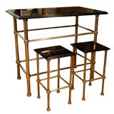 Black Lacquer and Brass Console and Small Table Set