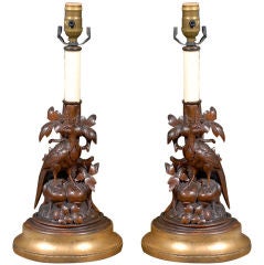 Pair Carved German Spill Vases Adapted as Candlestick Lamps
