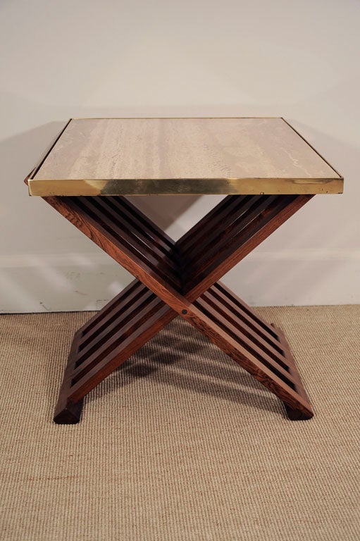 Brass Ed Wormley for Dunbar Travertine and Wood Side Table