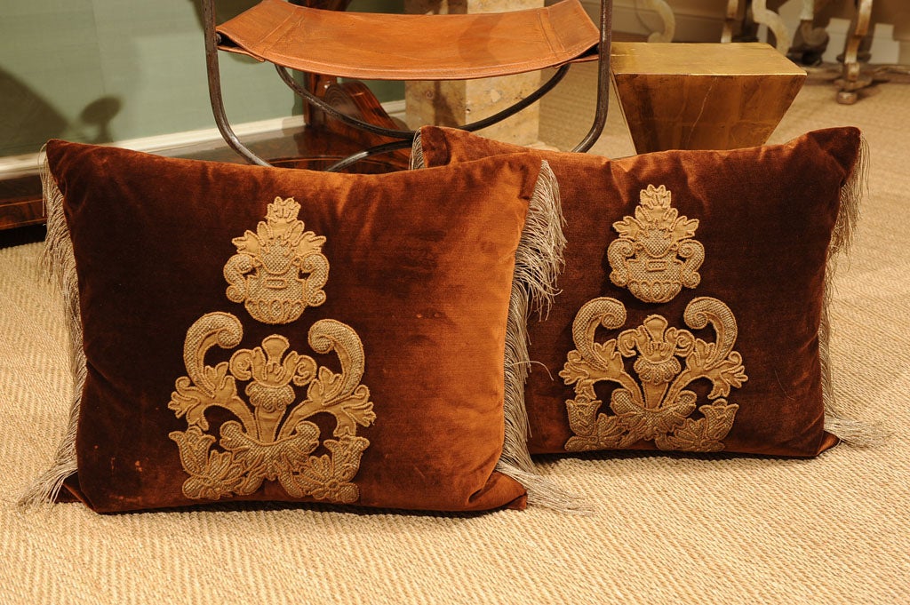 19th Century Italian Antique Brocade Fragments Mounted on Chocolate Brown Silk Velvet with Antique Gold Filagree Trim and Down Fill.