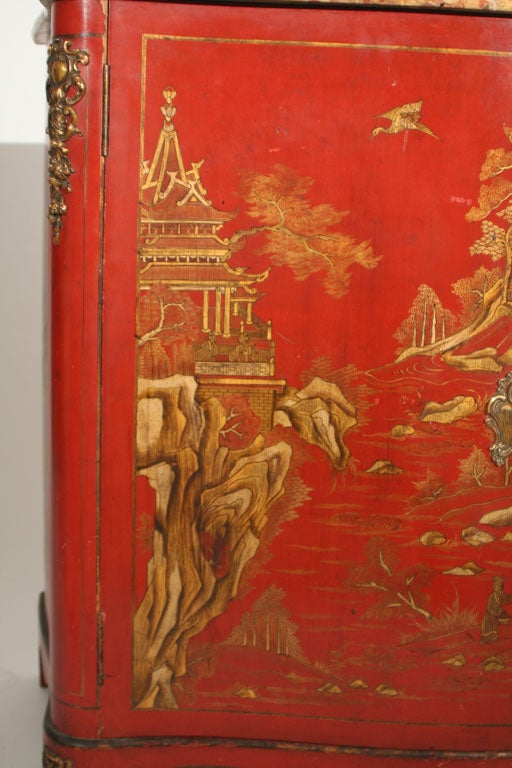 French Red Lacquer Side Cabinet by Maison Jansen with Breche D'Alep Marble Top