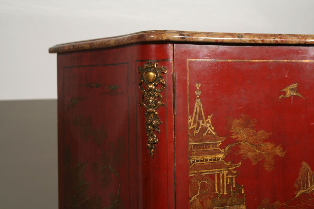 Mid-20th Century Red Lacquer Side Cabinet by Maison Jansen with Breche D'Alep Marble Top