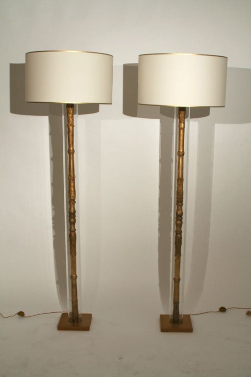 A Pair of French Empire Carved Giltwood Architectural Elements (probably curtain rods)Later Encased in Glass and Mounted on Custom-Metal Bases as Floor Lamps with Silk Shades.