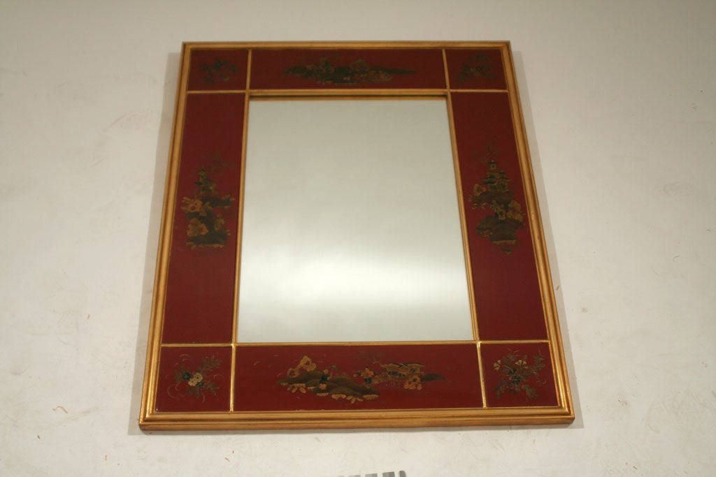 French A Red Lacquered and Gilt-Decorated Panel Framed Mirror