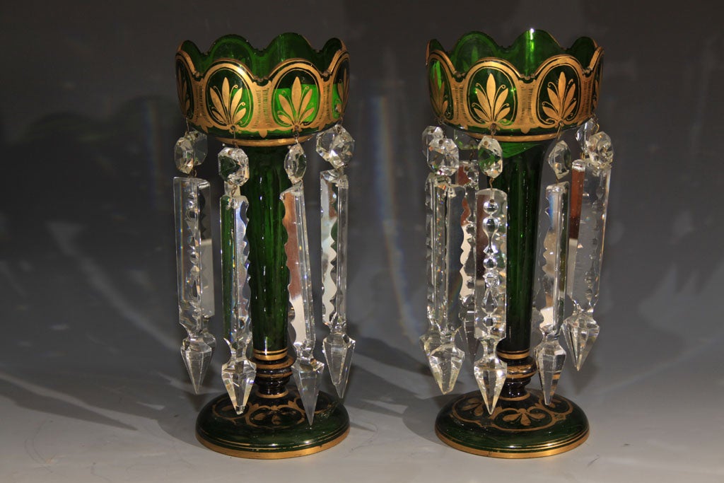 Pair of green glass and crystal lustres.