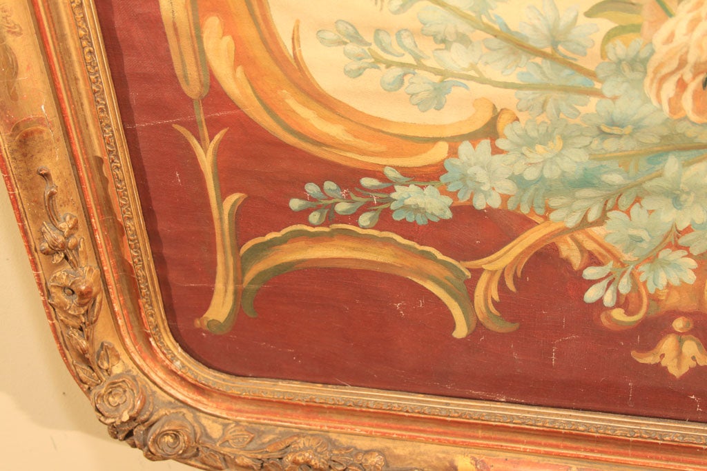 French Cartoon, Floral Pattern Rococo Style Frame. Oil on Linen For Sale 2