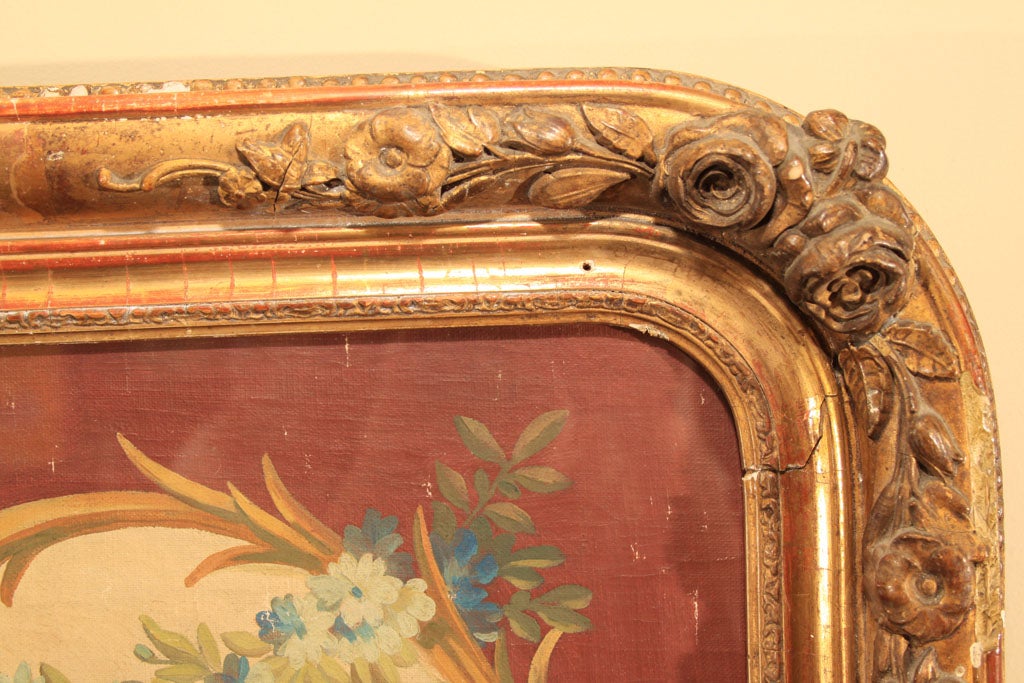 French Cartoon, Floral Pattern Rococo Style Frame. Oil on Linen For Sale 3