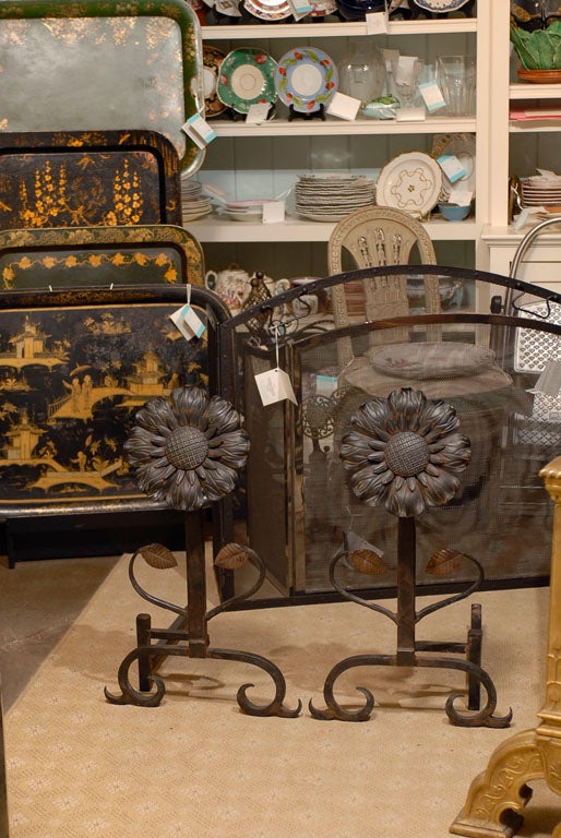 PAIR OF SUNFLOWER ANDIRONS, OUR INVENTORY #09-A-026, AN ATLANTA RESOURCE FOR FINE ANTIQUES