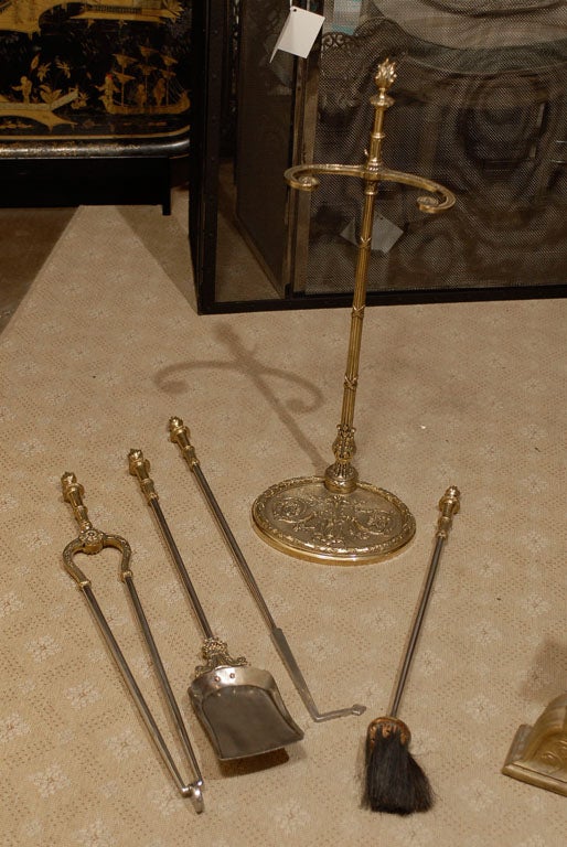 Early 20thc Louis XVI Style Bronze & Steel Fire Tool Set 1