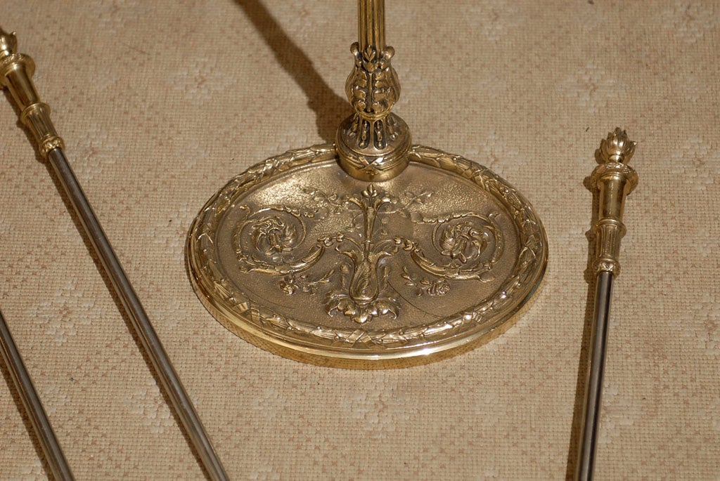 Early 20thc Louis XVI Style Bronze & Steel Fire Tool Set 3