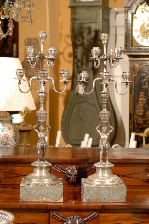 PAIR OF SILVER GILT & PEWTER CANDELABRAS, 9-LIGHT