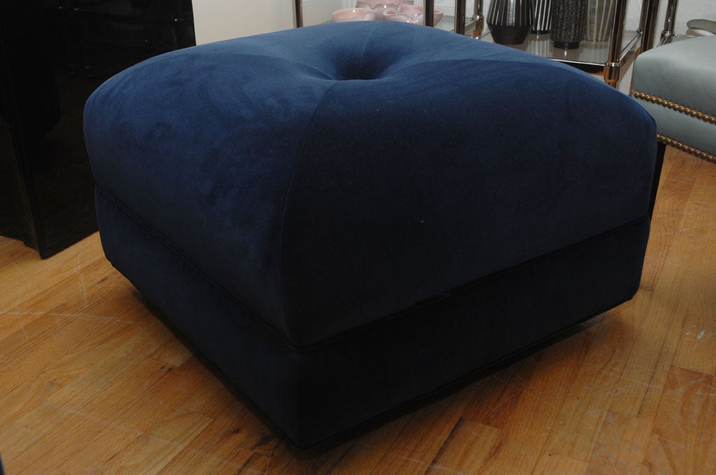 American Pair of Navy Blue Silk Velvet Ottomans