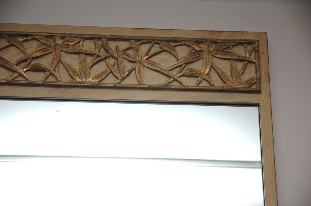 Wood Large Mirror with Carved Bamboo Motif