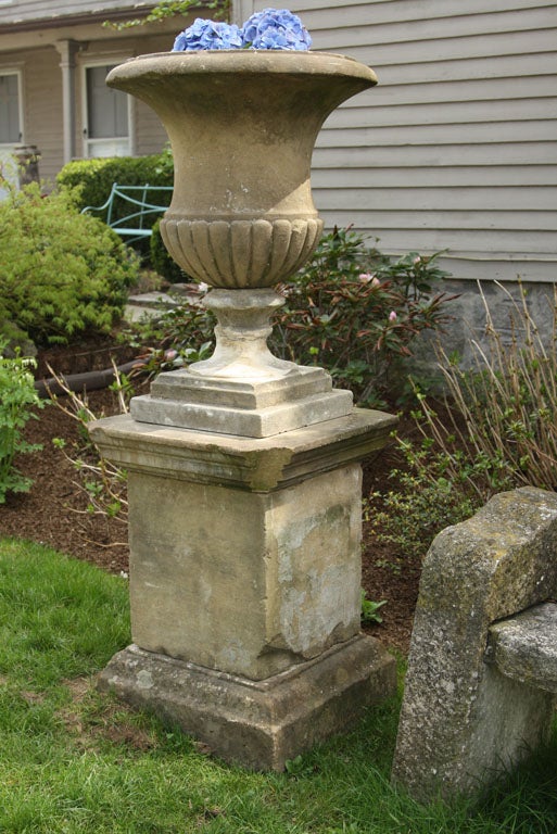 Neoclassical Rare Set of Four 18th Century Yorkstone Urns on Plinths with Provenance For Sale