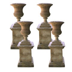 Rare Set of Four 18th Century Yorkstone Urns on Plinths with Provenance 4