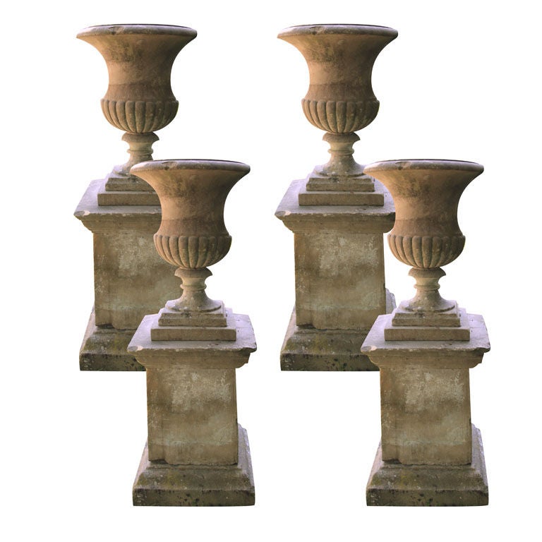 Rare Set of Four 18th Century Yorkstone Urns on Plinths with Provenance For Sale