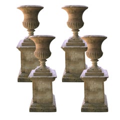 Rare Set of Four 18th Century Yorkstone Urns on Plinths with Provenance