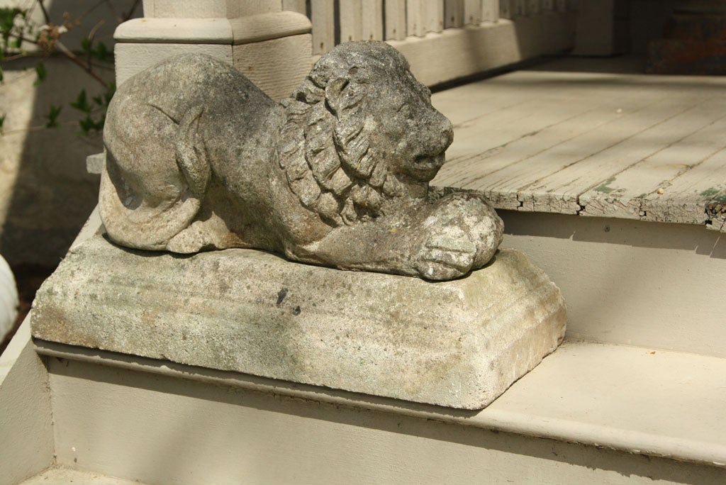 English Pair of Cast Stone Lions with Balls