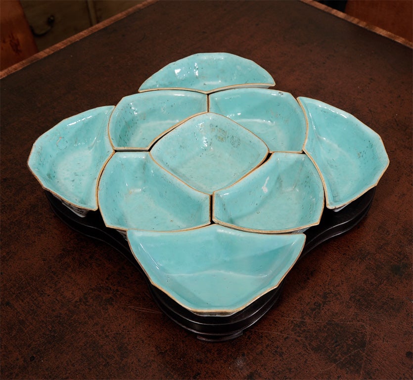 Set of Nine 19th Century Chinese Painted Containers on Teak Tray