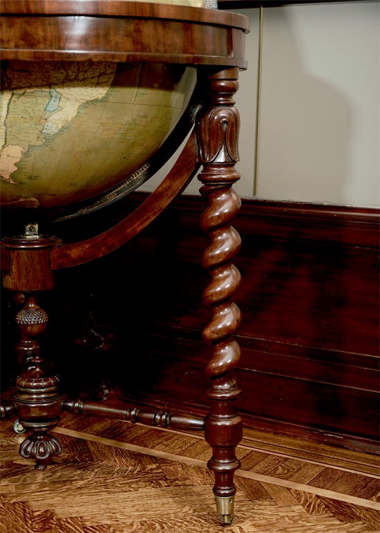 Johnston’s Library and School Globe, c. 1850, made up of two sets of twelve finely engraved gores, engraved brass hour dial, brass meridian circle with graduated degrees, the papered horizon ring with degrees of amplitude and azimuth, compass