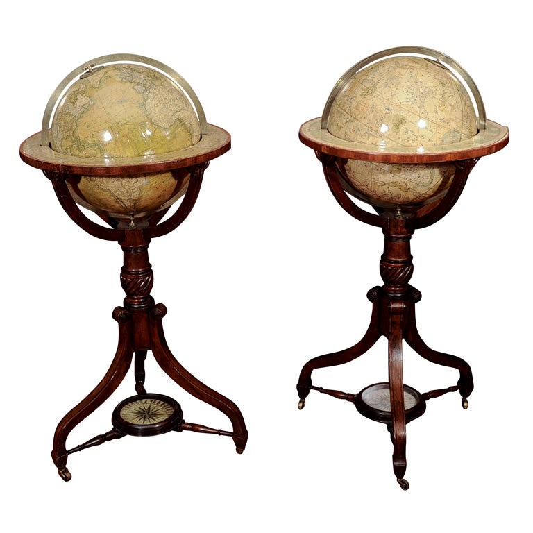 Pair of Library Globes Showing Discoveries in Texas For Sale