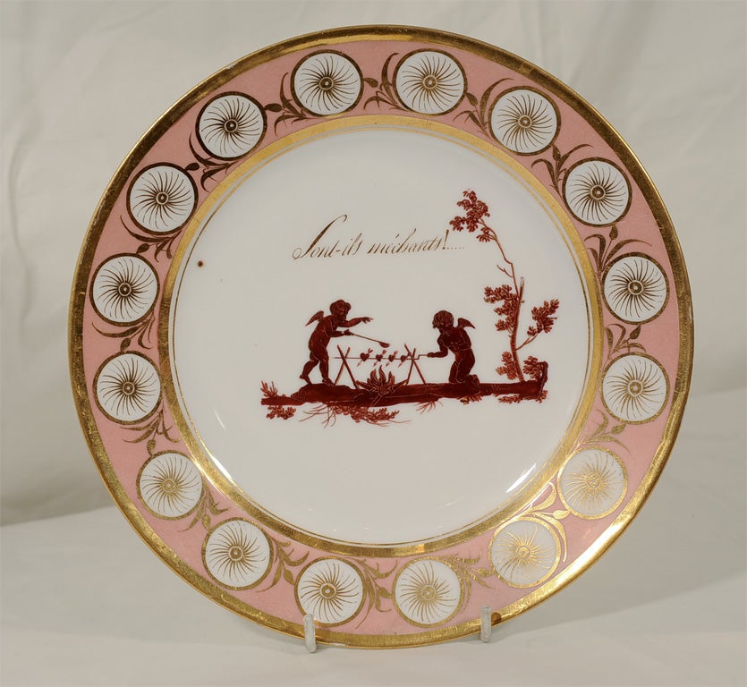 A group of five fabulous Dagoty neoclassical plates each showing mythological figures in a scene dramatizing romance. Above each group of figures is an amusing and witty comment describing an aspect of love written in French. Painted on one of the