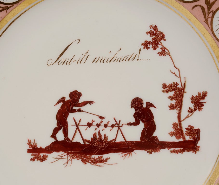Neoclassical One of Five Pink Dagoty Plates with Romantic Scenes and Witty Sayings