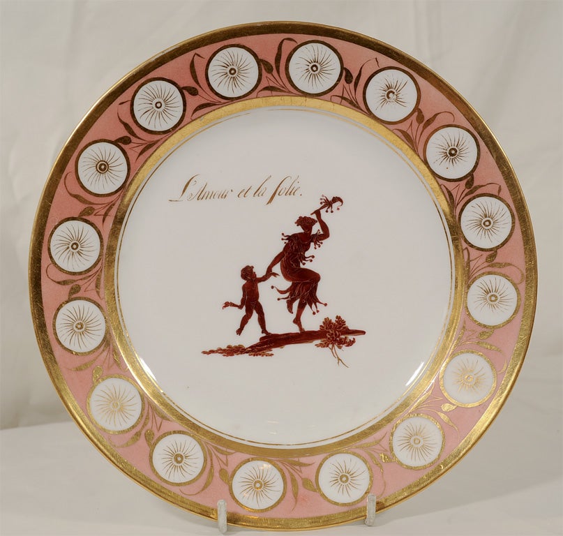 One of Five Pink Dagoty Plates with Romantic Scenes and Witty Sayings In Excellent Condition In Katonah, NY