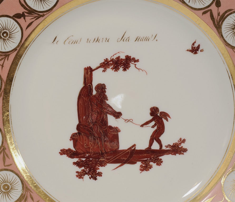 19th Century One of Five Pink Dagoty Plates with Romantic Scenes and Witty Sayings