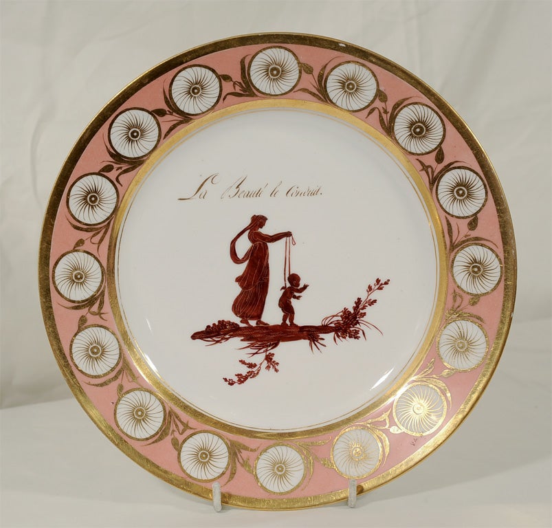 Porcelain One of Five Pink Dagoty Plates with Romantic Scenes and Witty Sayings