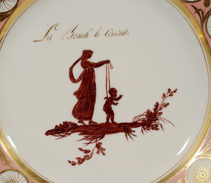 One of Five Pink Dagoty Plates with Romantic Scenes and Witty Sayings 1