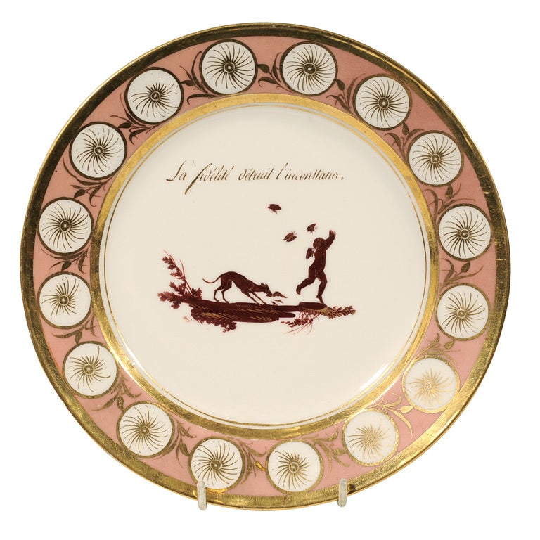 One of Five Pink Dagoty Plates with Romantic Scenes and Witty Sayings