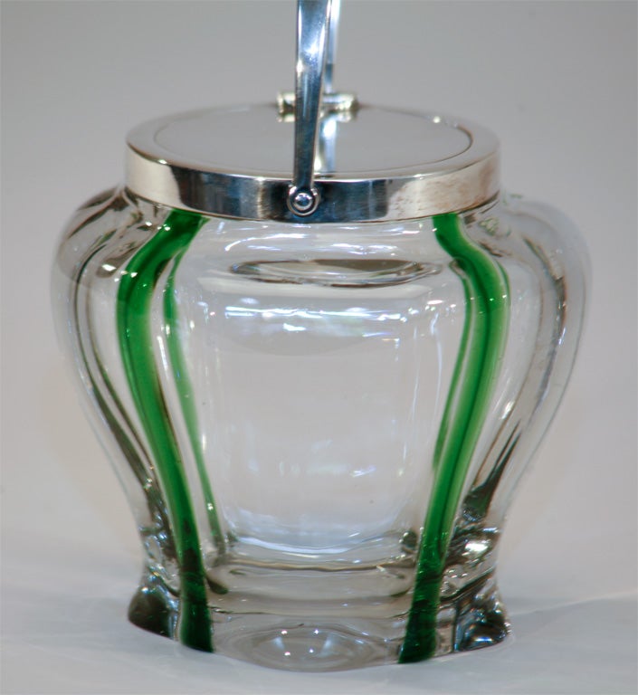 Art Nouveau Stevens & Williams Crystal & Green Biscuit Barrel Sterling Silver Lid & Handle For Sale