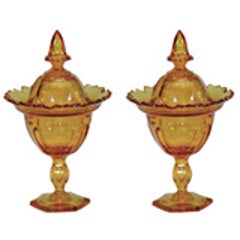 Pair of Tall Val St Lambert Crystal Amber Covered Footed Compotes 5