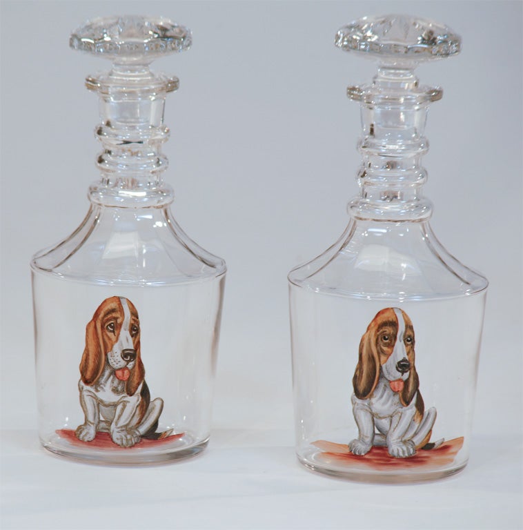 Danish Mold Blown Crystal Decanters with Hand-Painted Dogs For Sale