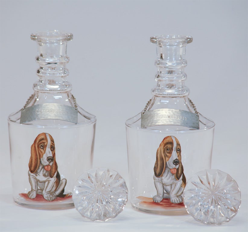 Mold Blown Crystal Decanters with Hand-Painted Dogs For Sale 2